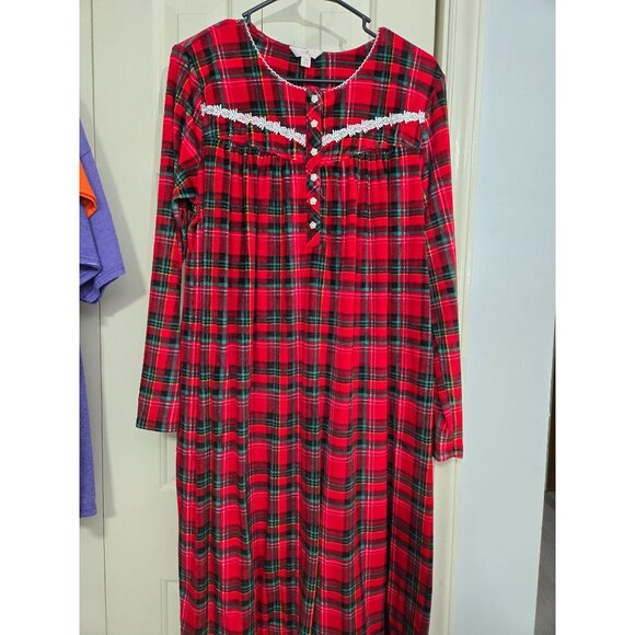Red Plaid Long Sleeve Nightgown With Lace Accent By Secret Treasures L (12-14) P - Picture 1 of 4